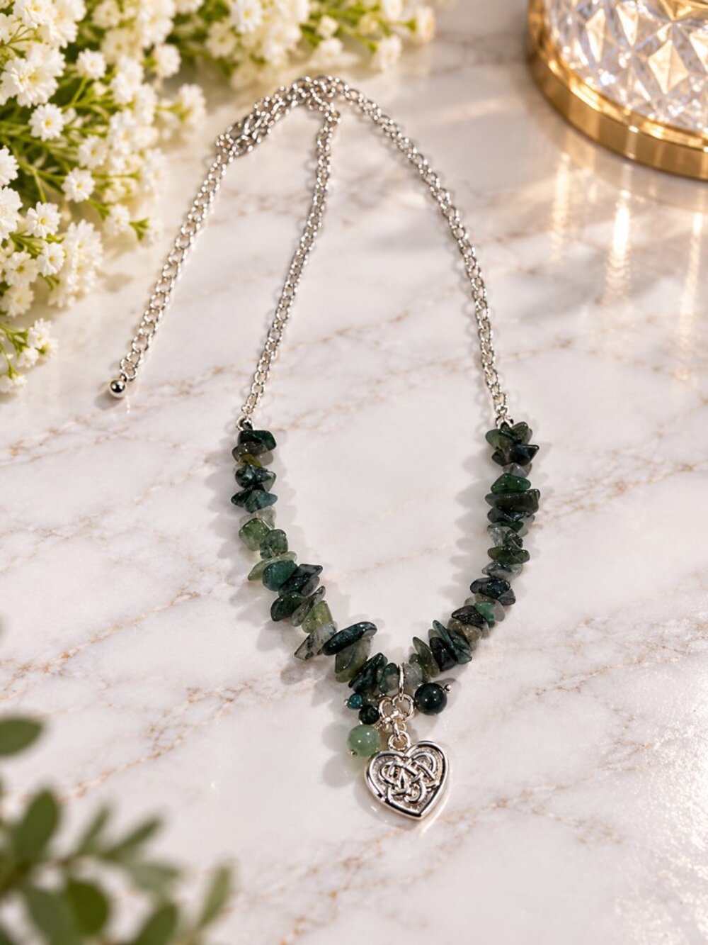 Handcrafted Green Stone Chip Necklace w/ Silver Celtic Knot Heart Pendant Jewlry